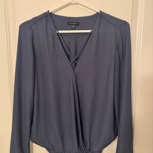 Dynamite Slate Blue Blouse with Criss-Cross Neckline